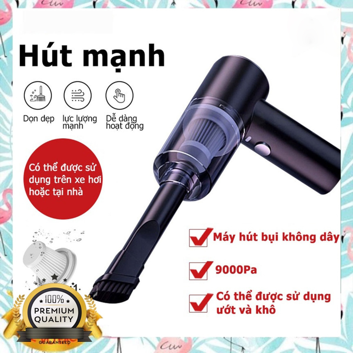 Máy hút bụi cầm tay không dây - hút cực mạnh 9000pa - 120w (+tặng kèm 2 lõi lọc thay thế)