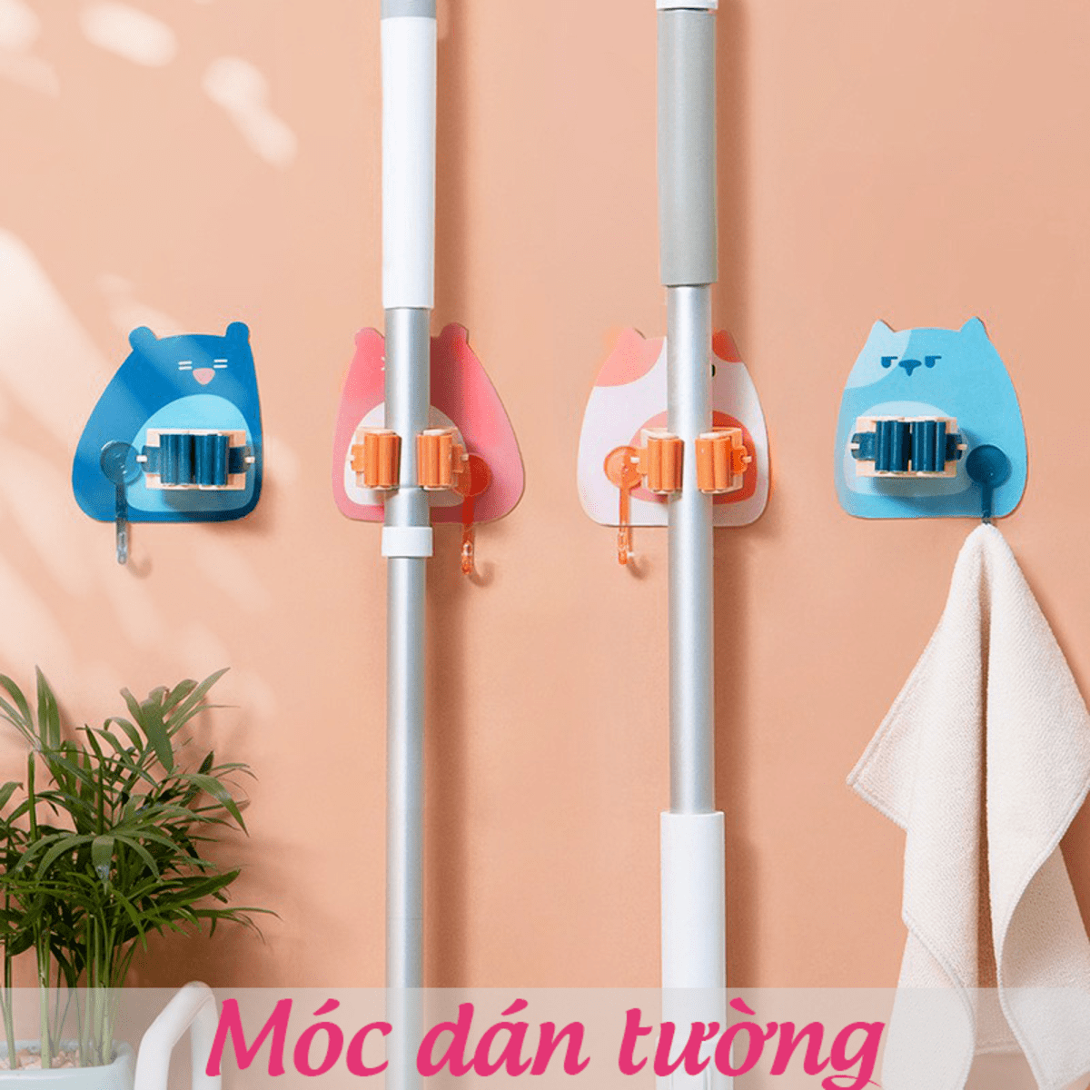 Móc dán tường kẹp giữ cây lau nhà chịu lực cute, có móc treo chổi, treo ô, đồ dùng